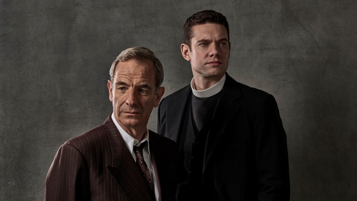 GRANTCHESTER. Pictured:ROBSON GREEN as Geordie Keating and TOM BRITTNEY as REV Will Davenport.